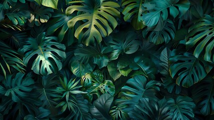 Fototapeta premium Tropical Plants - Lush green foliage against a deep jungle green