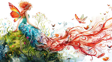Obraz premium The image shows a beautiful fairy with long red hair sitting on a flower