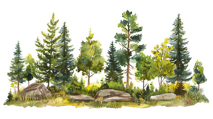 Fototapeta premium The image shows a beautiful green forest with a lot of tall trees and rocks on the ground. The forest is full of life.