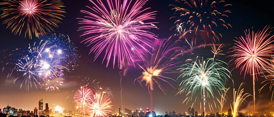 Vibrant fireworks illuminate the dark sky above a bustling city, creating a mesmerizing display.