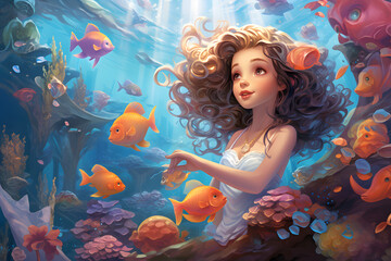 underwater illustrated mermaid with fish, underwater world animated character woman, illustrated underwater mermaid style