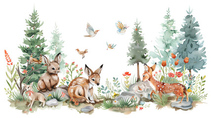 Naklejka premium The image shows a group of cute woodland animals in a forest setting
