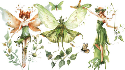 The image shows a group of fairies in a forest setting