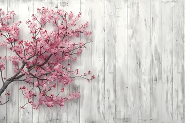 Cherry blossoms in full bloom on wooden wall,Copy space,Space for text,Generative AI,木製の壁に満開に咲いている桜,コピースペース,テキスト用スペース,Generative AI,