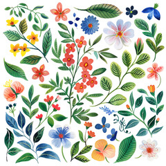 The image shows a variety of flowers and leaves, with bright colors.