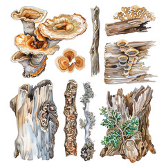 The image shows a variety of mushrooms and tree barks. The mushrooms are of different colors and shapes, and the tree barks are of different textures.