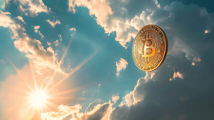 Bitcoin coin on sky background.Business finance investment. Digital technology concept