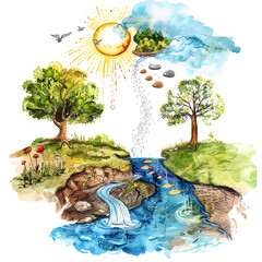 The image shows the water cycle, with water evaporating from the surface of the earth, rising into the atmosphere, condensing to form clouds, and falling back to the surface as rai