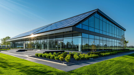 Sleek modern office building featuring extensive solar panels and green landscaping under a clear blue sky.