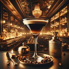 Espresso Martini Cocktail glass in a luxury night bar. Coffee, drink, beverage and mixology concept.