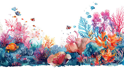 Underwater world with bright corals and exotic fishes.