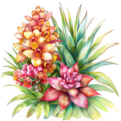 Fototapeta premium vibrant painting of tropical flowers and leaves in shades of pink, orange, and green.