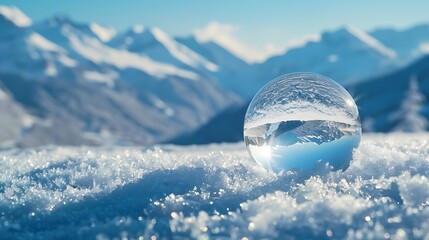 Round crystal ball shining beautifully on snowy mountains, copy space,space for text,Generic AI,雪山でキレイに輝いている丸い水晶玉、コピースペース,テキスト用スペース,Generative AI,
