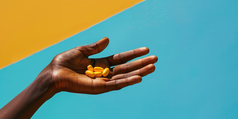 Close up hand with pills, copy space. A person takes pills, medicines, vitamins. Dosage regimen for treatment.