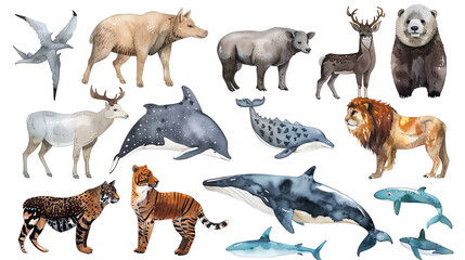 A group of animals including a bear, a deer, a goat, a horse, a whale, and a dolphin.