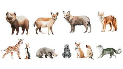 A group of animals including bears, wolves, foxes, raccoons, and a skunk.