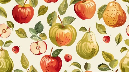 Red and green apples and pears with leaves seamless pattern.
