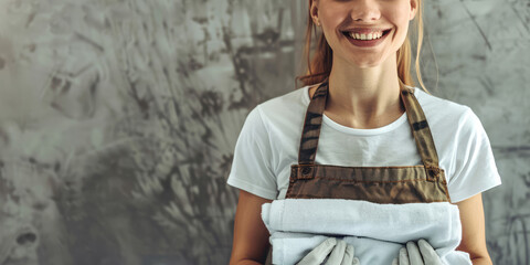 Portrait of laundry worker smiling happy woman holding clean towels, copy space. Banner of cleaning, laundry, maintenance service.