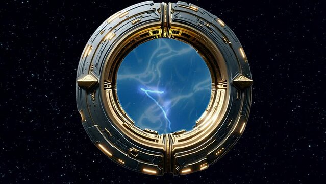Vis&atilde;o art&iacute;stica de um stargate transportando para outra gal&aacute;xia.