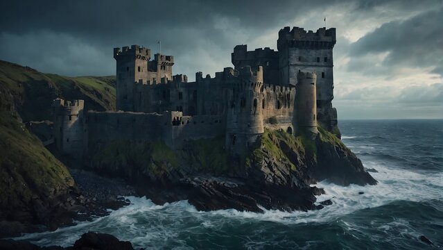 Abandoned castle in the heart of the rock by the raging sea. A decrepit castle, perched on a cliff overlooking a churning sea.