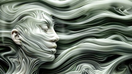 Abstract digital art piece featuring a human profile intricately shaped by fluid, wave-like patterns in monochrome shades.