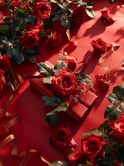 Luxurious Gift Wrapped in Red with Roses and Ribbons, Perfect for Expressing Love on Special Days