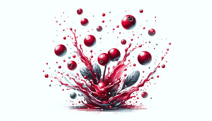Dynamic red paint splash with floating cranberries on a white background, evoking a festive holiday and creative art concept,