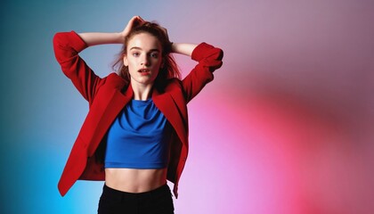 photo of beautiful european woman standing pose with colorful red and blue abstract light ,generative AI