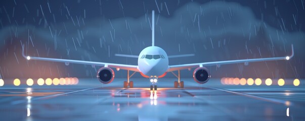 3D rendering of an airplane on a runway in heavy rain.