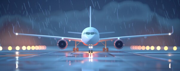 Fototapeta premium 3D rendering of an airplane on a runway in heavy rain.