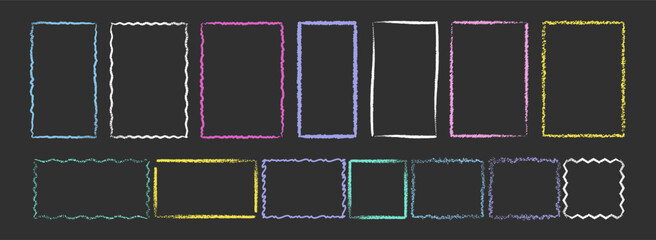 Set of colorful hand drawn grunge doodle charcoal, pencil, chalk square, rectangle border frames. Vector illustration template border for website, banner, app, poster, background, card, bullet journal