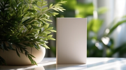 White hard cover book mock up, Book in comfort living room with warm and cozy natural light, Artificial houseplant and decoration, generative AI