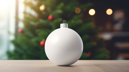 white round ceramic Christmas ornament. Festive decoration for mockup. Blurred green tree in the background, generative AI
