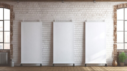 blank roll up banner display stands loft interior. Roll up blank white banner, generative AI