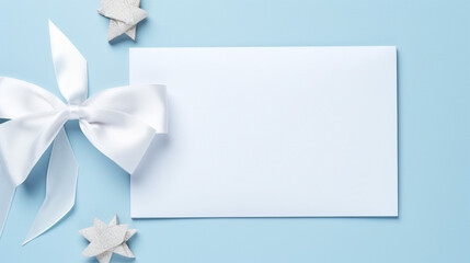 Blank white piece of paper with gift silk ribbon bow holding in women's hands isolated on flat blue light background, copy space, gift certificate template, generative AI