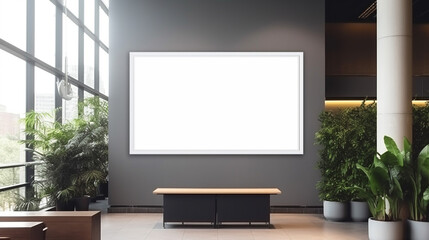 Empty advertising billboard frame on wall in office lobby copy space for mock up design template, generative AI