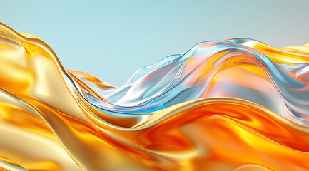 
3D render, abstract colorful background with golden waves of liquid metal and glass, gradient. Yellow, blue, and orange colors in the style of gradient waves.