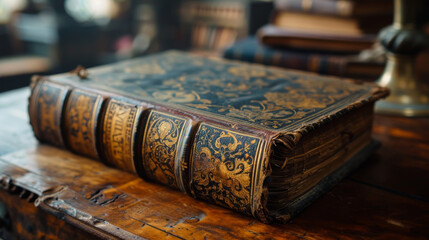 Golden Age Literature: Antique Leather-Bound Book on a Vintage Wooden Table