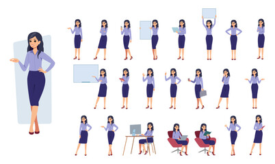 Fototapeta premium Business people poses. Office woman. Manager working at computer. Female standing at whiteboard. Professional teacher. Girl walking with briefcase. Businesswoman activities vector set