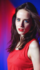 Naklejka premium photo of beautiful european woman standing pose with colorful red and blue abstract light ,generative AI
