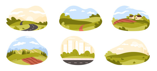City and summer village landscapes set. Urban scenes with modern buildings at highway, factory chimneys and green meadow, road through hills, arable fields and forest cartoon vector illustration
