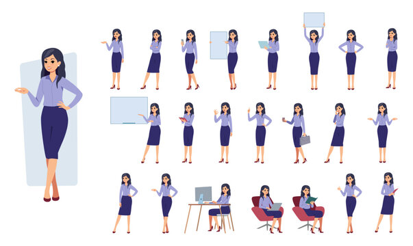 Business people poses. Office woman. Manager working at computer. Female standing at whiteboard. Professional teacher. Girl walking with briefcase. Businesswoman activities vector set