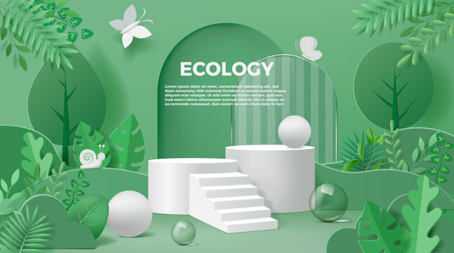 Green background. Eco tree banner with organic product podium in garden, environment design with plant leaf and flowers. Minimal style empty showcase backdrop. Banner template. Vector design