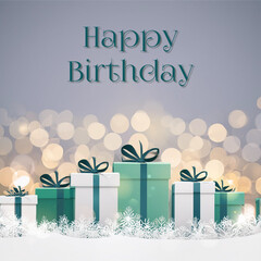 card or banner to wish a happy birthday in green represented by green and white gifts on a gray background with circles in bokeh effect