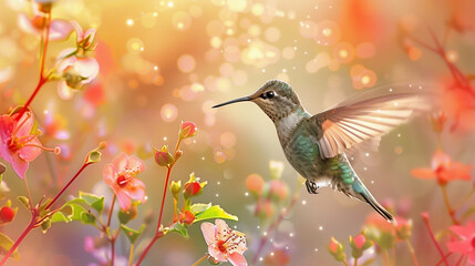 Ethereal Beauty of a Hummingbird in Flight Amongst Blossoming Flowers and Glistening Bokeh