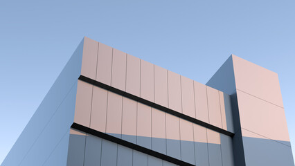 Building modern concrete block house at sunset. Futuristic building,minimalism,banner.3D render