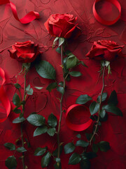 Stunning Red Roses Laid Out Elegantly Over Textured Background with Intricate Ribbons for a Luxurious Feel