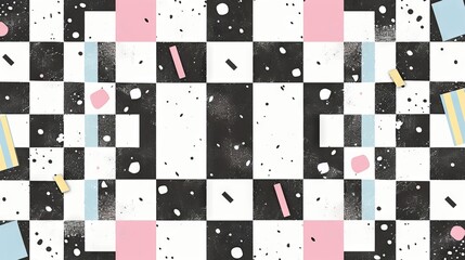 A black and white checkered pattern with pink and blue squares.