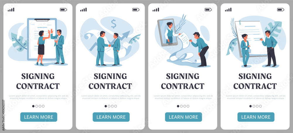 Poster Contract signing. Documents signature. Mobile app interface. Smartphone display template. Business partnership. Electronic agreement. Online service UI. Vector phone web banners set