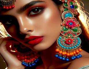 Model wearing colorful earrings and red lipstick, backlit photography, close-up shots,
 in the style